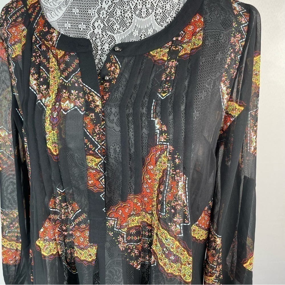 Daniel Rainn Top Womens Medium Sheer Blouse Tunic Bohemian Long Sleeve Roll Tab